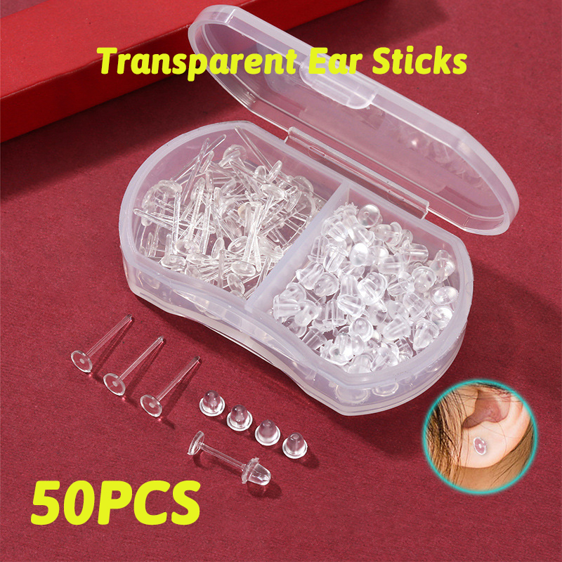 50 Pares De Brincos De Plástico Transparente Para Novos Piercings , Pinos Invisíveis Hipoalergênicos Com Estojo