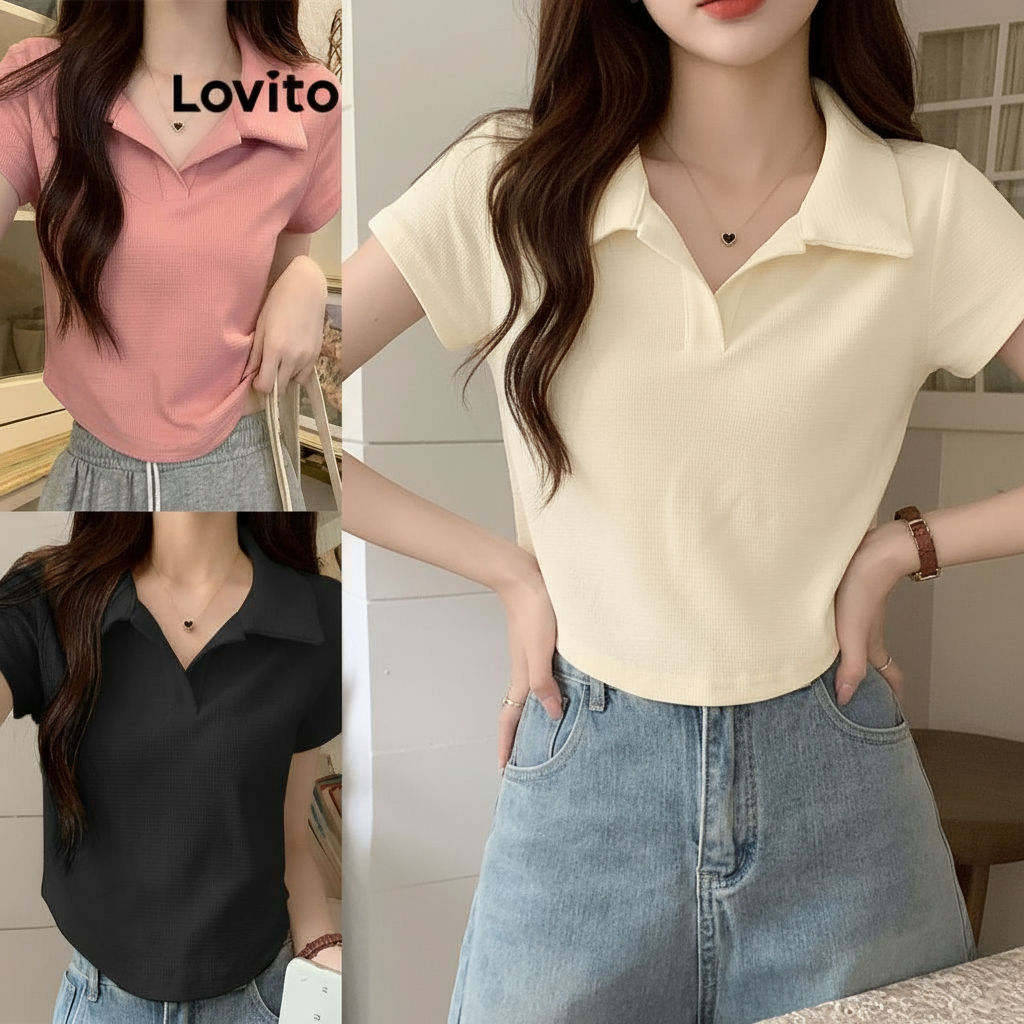 Lovito Camiseta Feminina Casual Lisa Básica Waffle Malha Com Bainha LNE27015 (Multicolorida)