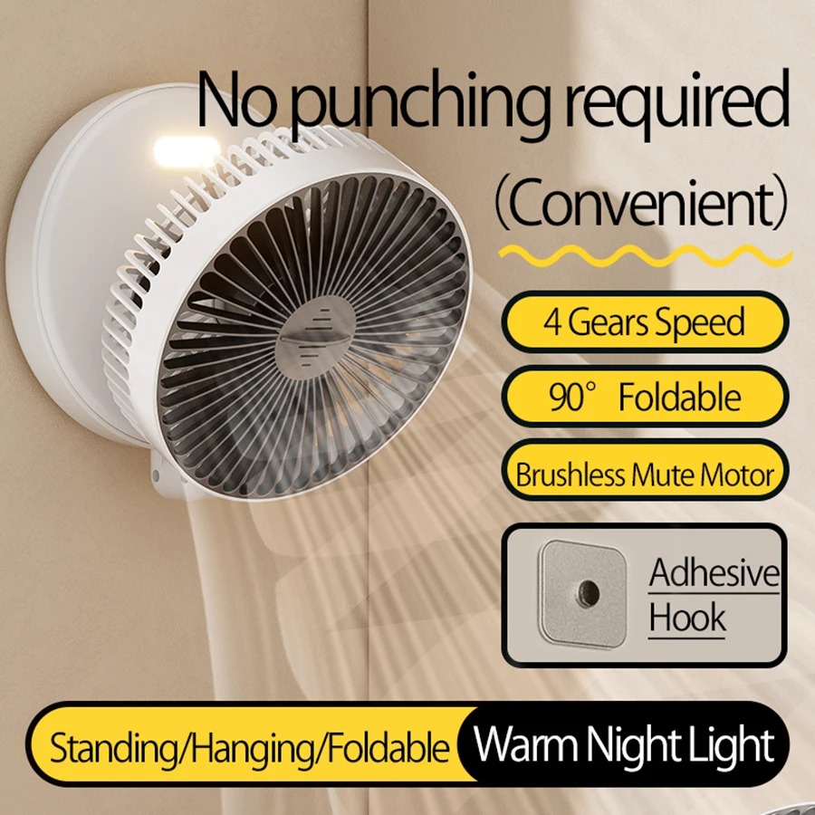 Ventilador Dobrável Montado Na Parede Com Luz LED USB De Mesa Circulação De Ar Ajuste De 4 Engrenagens