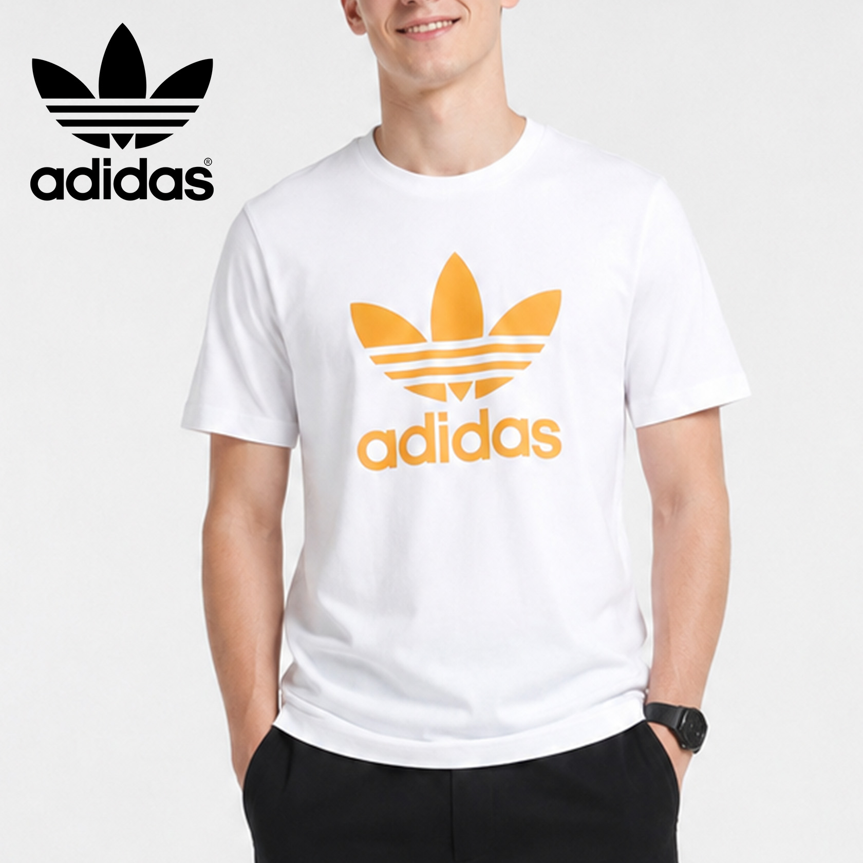 Marca de moda retrô americana Adidas com estampa de logotipo no pescoço redondo camiseta de manga curta masculina na cor