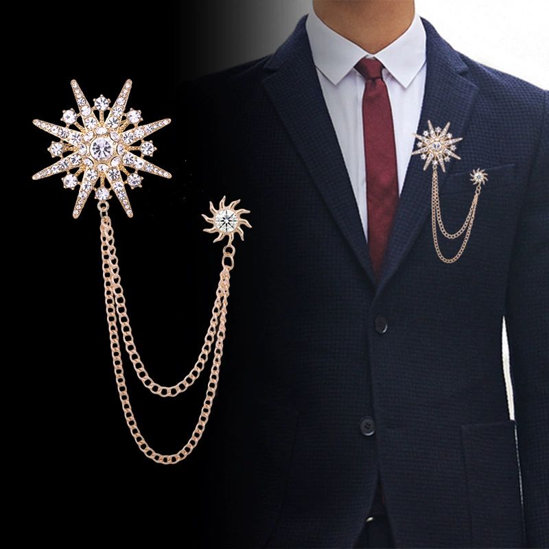 Broche de lapela com corrente de franjas de cristal em forma de floco de neve, para paletó, terno ou camisa.