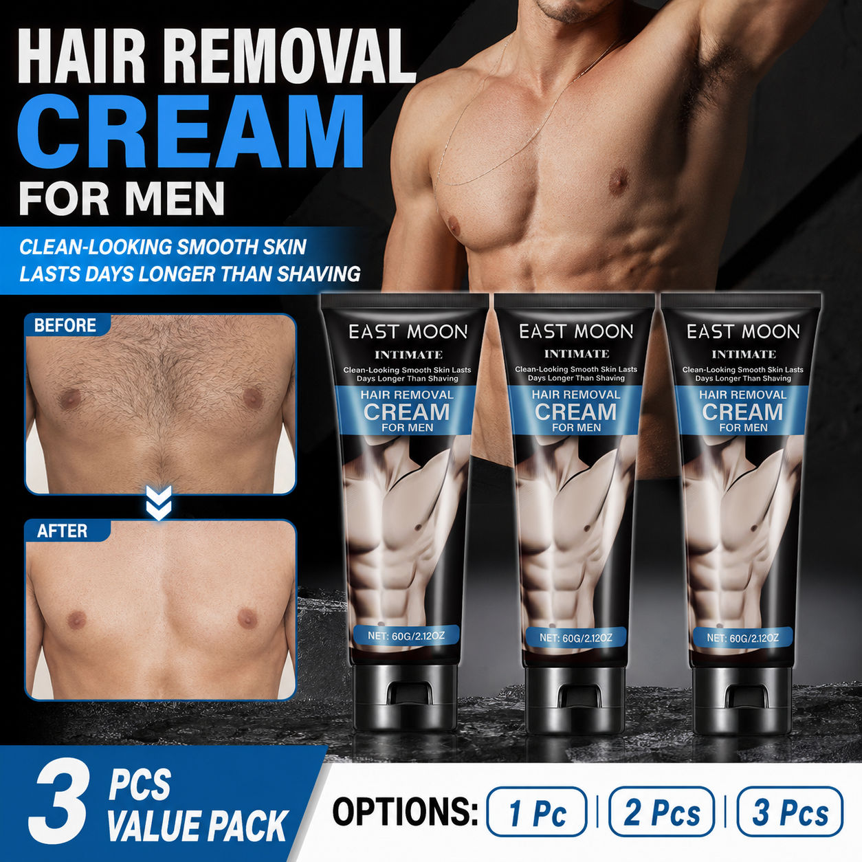 Creme Depilatório Profissional Sem Dor para Homens 60ml – Hidratante, Seguro para Pernas, Peito, Axila, Bigode e Áreas