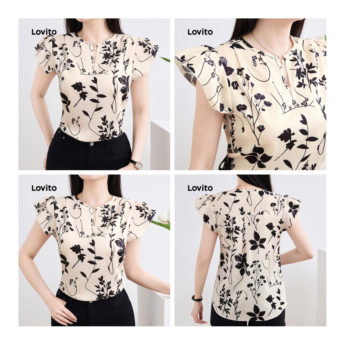 (Fashion1) Lovito Blusa Casual Floral Floral Plissada Colorblock Verão Primavera Multicolorida Para Mulheres L135ED309