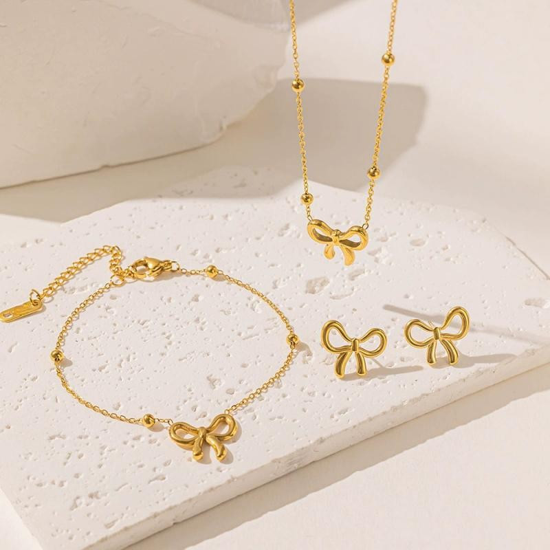 Elegante Arco Pérola Grânulo Aço Inoxidável Colar Brinco Pulseira Conjunto De Jóias