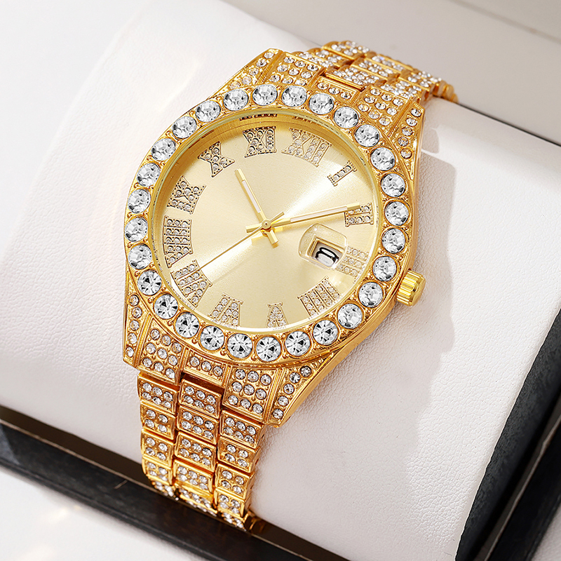 Relógio de Quartzo Masculino - Relógio de Pulso Trendy de Luxo, Estilo Elo Cubano com Diamantes Completos, Marcadores