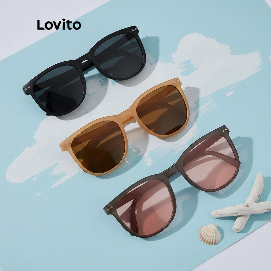 (trendy4)Lovito Casual Óculos de Sol Liso Básico Combina com Tudo com Caixa de Óculos L34AD058 (Café/Bege/Preto)