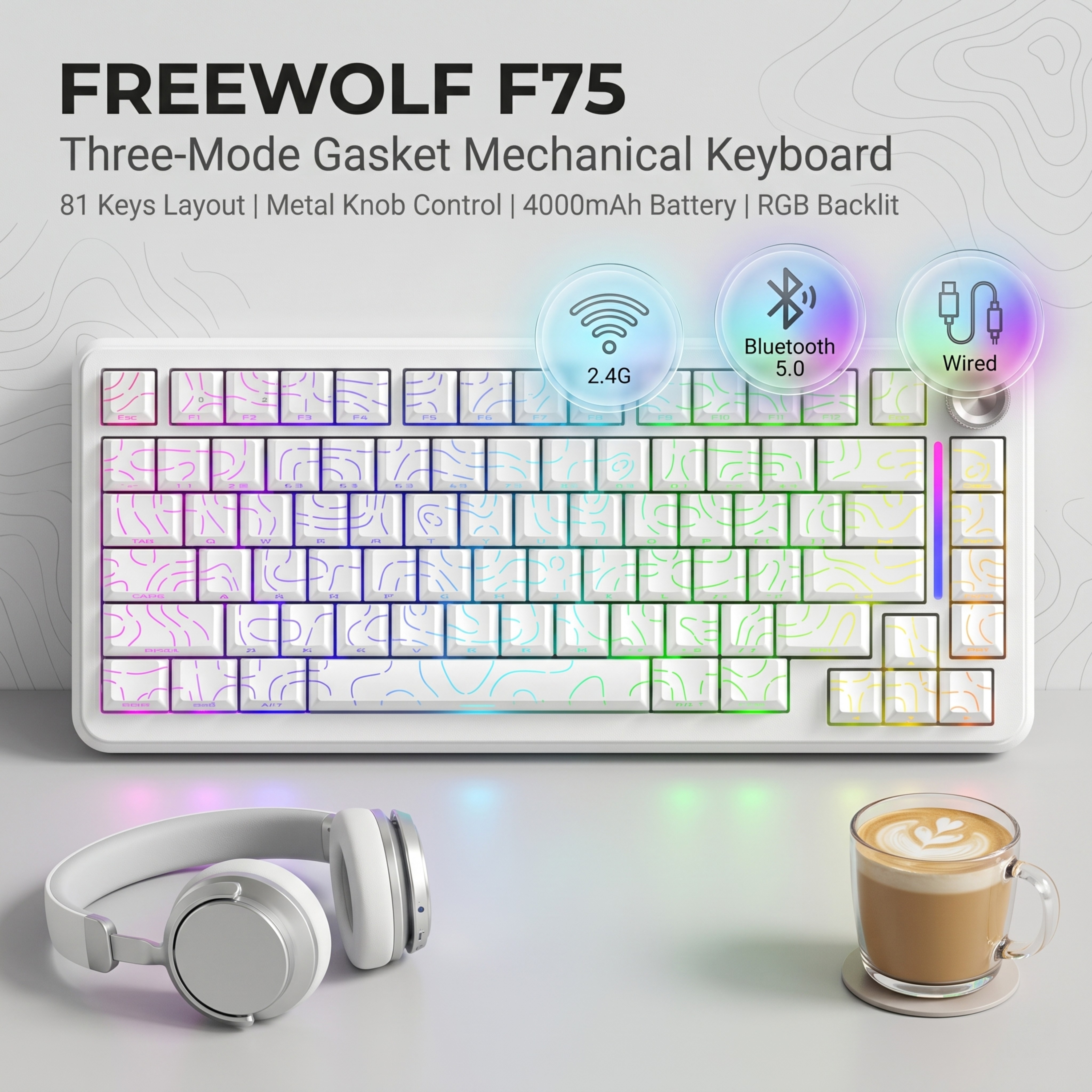 FREEWOLF F75 Teclado Mecânico Magnético 81 Teclas, Tri-Modo, com Botão de Volume de Metal, Bluetooth 5.0 Sem Fio