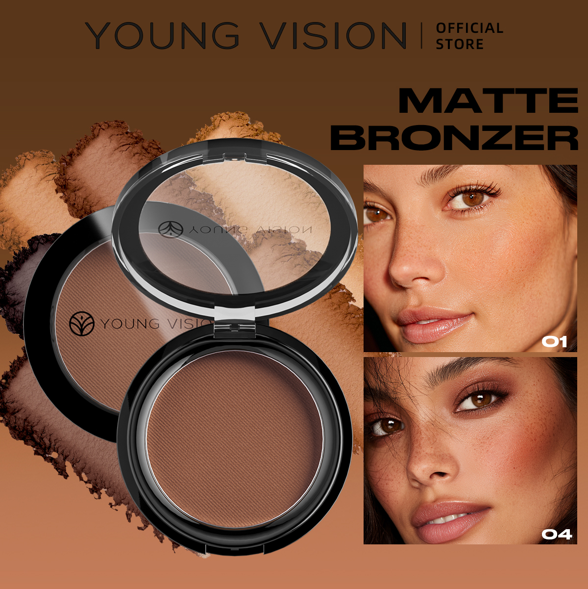 Pó Bronzeador Matte YOUNG VISION – Paleta Contorno 3 em 1, Define Facilmente Linha do Cabelo e Sombra Nasal, Cria um