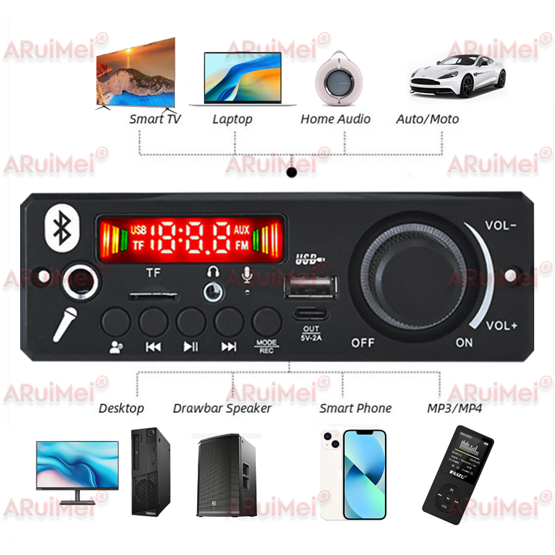 Placa de Áudio Bluetooth 5.0 DC 7-24V MP3 Player Carro 2x40W Amplificador 80W USB Gravação FM