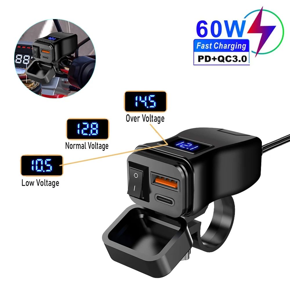 PD QC3.0 Carregador Duplo USB de 60W para Guidão de Motocicleta com Voltímetro LED e Adaptador Impermeável