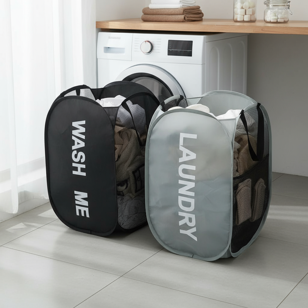Uma Cesta de Roupa Dobrável de Malha Pop-Up para PC – Respirável, Econômica de Espaço, Ideal para Alojamento de