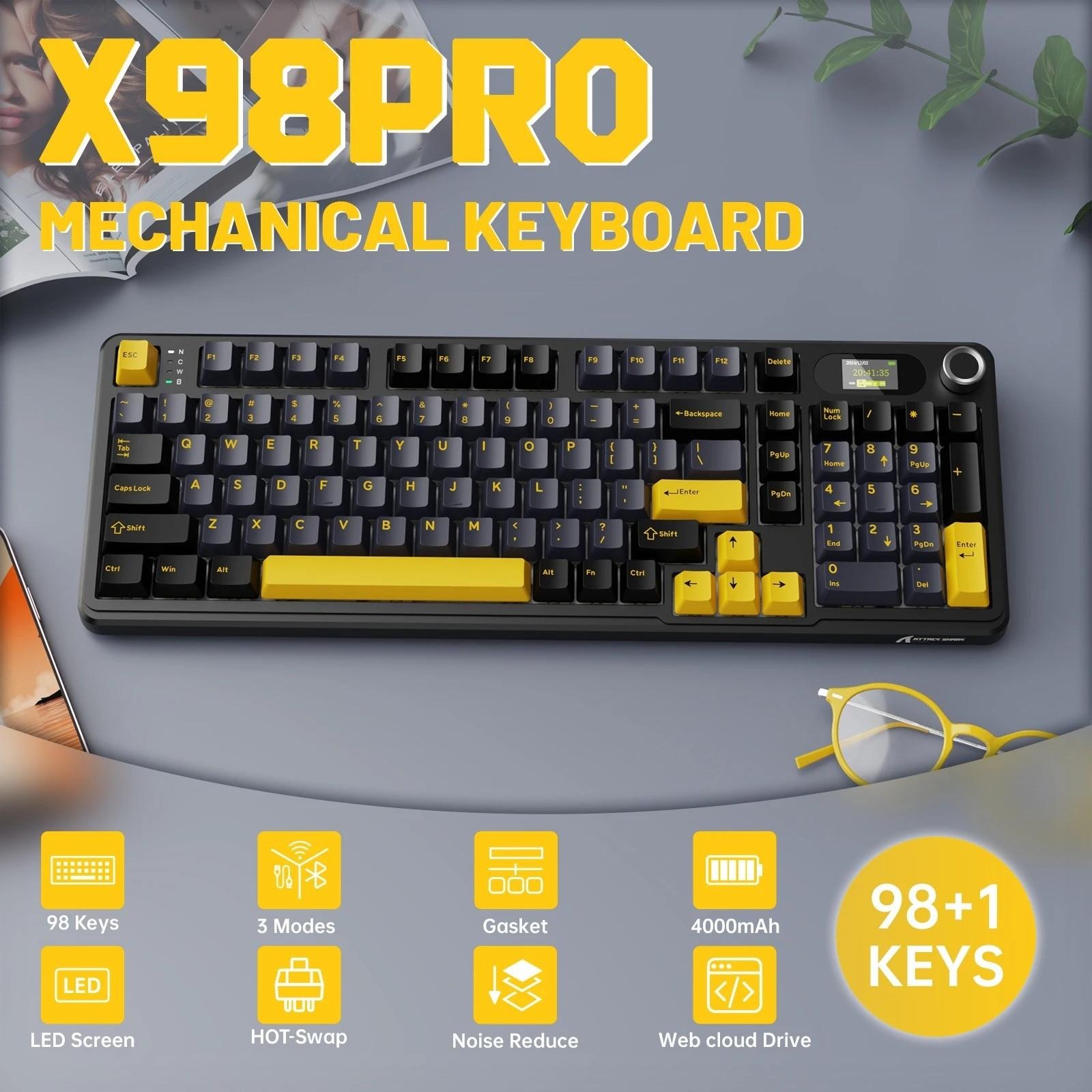 ATTACK SHARK X98 Pro 98 % Tri Mode Mecânico Teclado Para Jogos Hot Swappable TFT