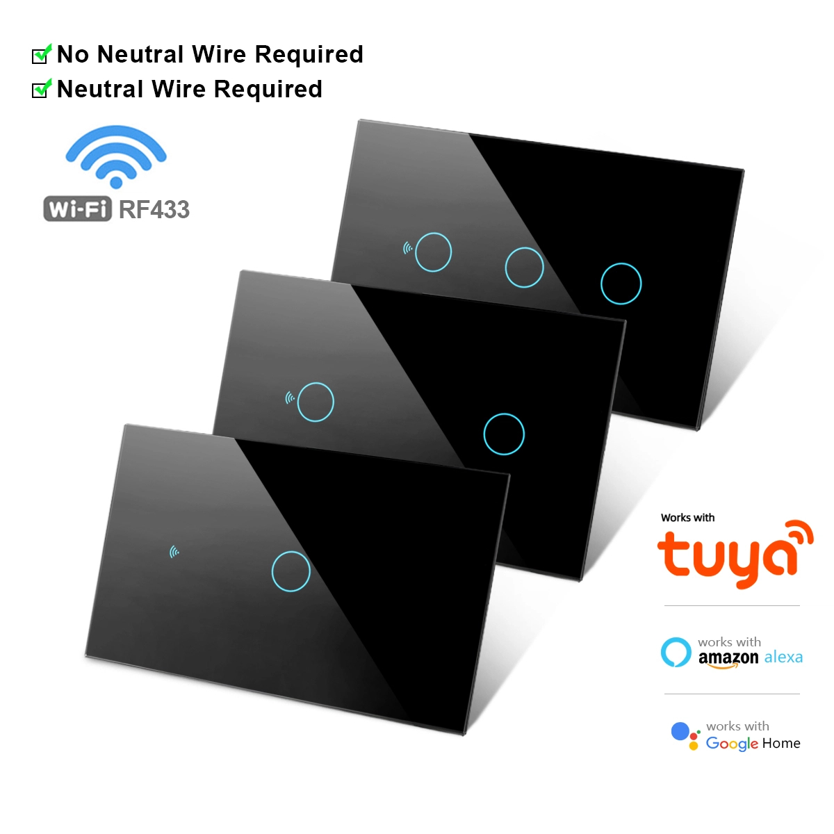 Funciona com o Interruptor de Parede Inteligente Tuya US WiFi RF433 1/2/3/4 Gangue Sem Fio Neutro Sensor de Toque LED