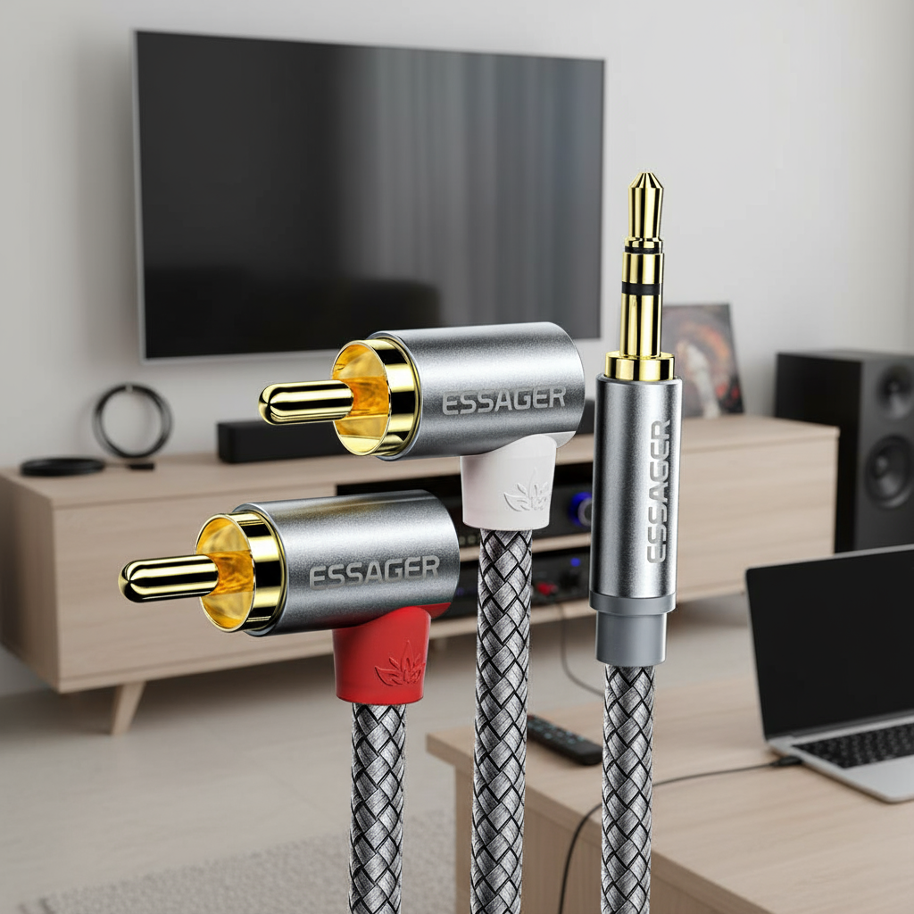 Cabo RCA de Ângulo de 3,5mm Essager para Caixa de TV, Fio de Alto-falante de Home Theater, Fio de Áudio de 3,5mm para 2