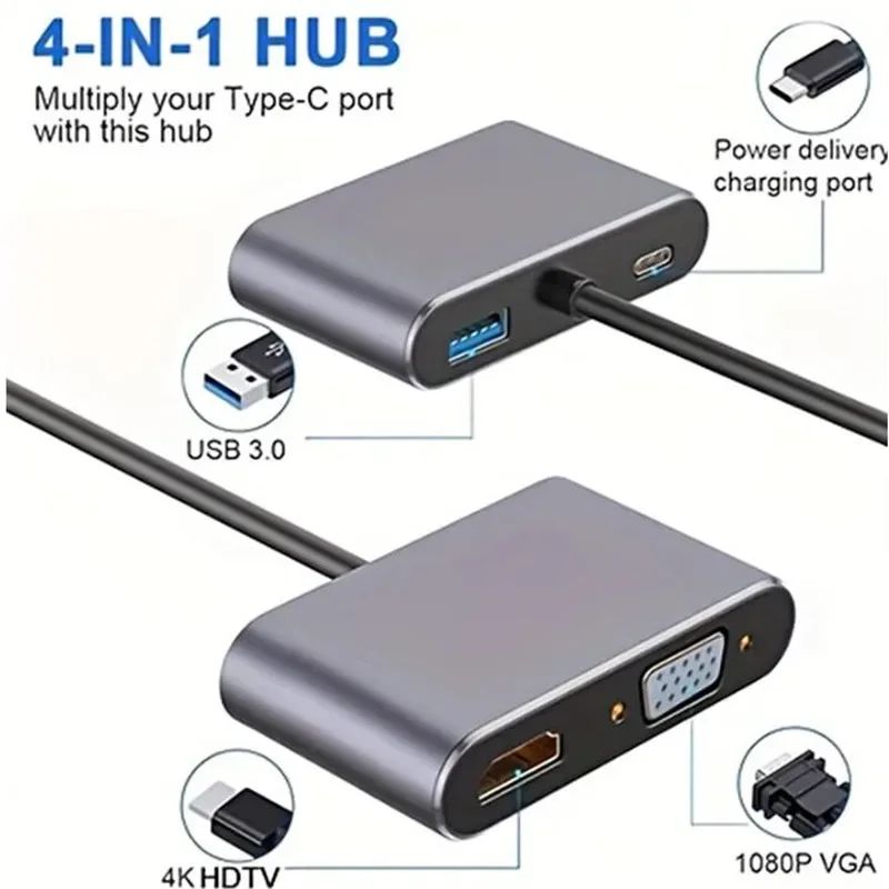 4 em 1 Adaptador USB C para HDMI/VGA/USB/PD Tipo C para Hub de Portas Digital AV de Carregamento Compatível com PC e