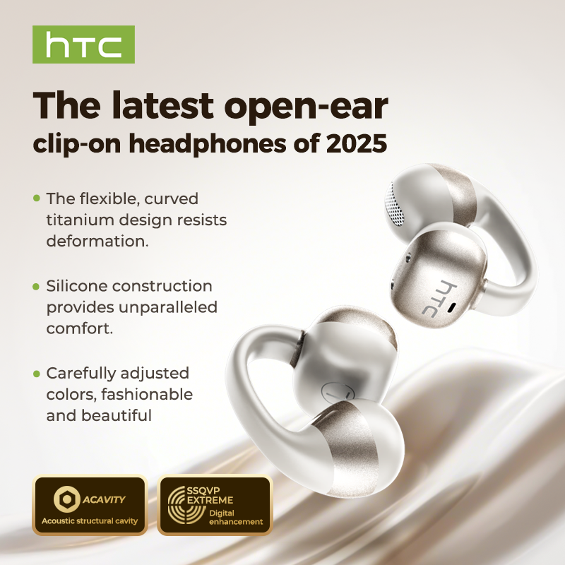HTC NE56 Fones de Ouvido Sem Fio Bluetooth 6.0 com Clipe de Orelha Original 360° Som Espacial IPX5 à Prova d'Água com