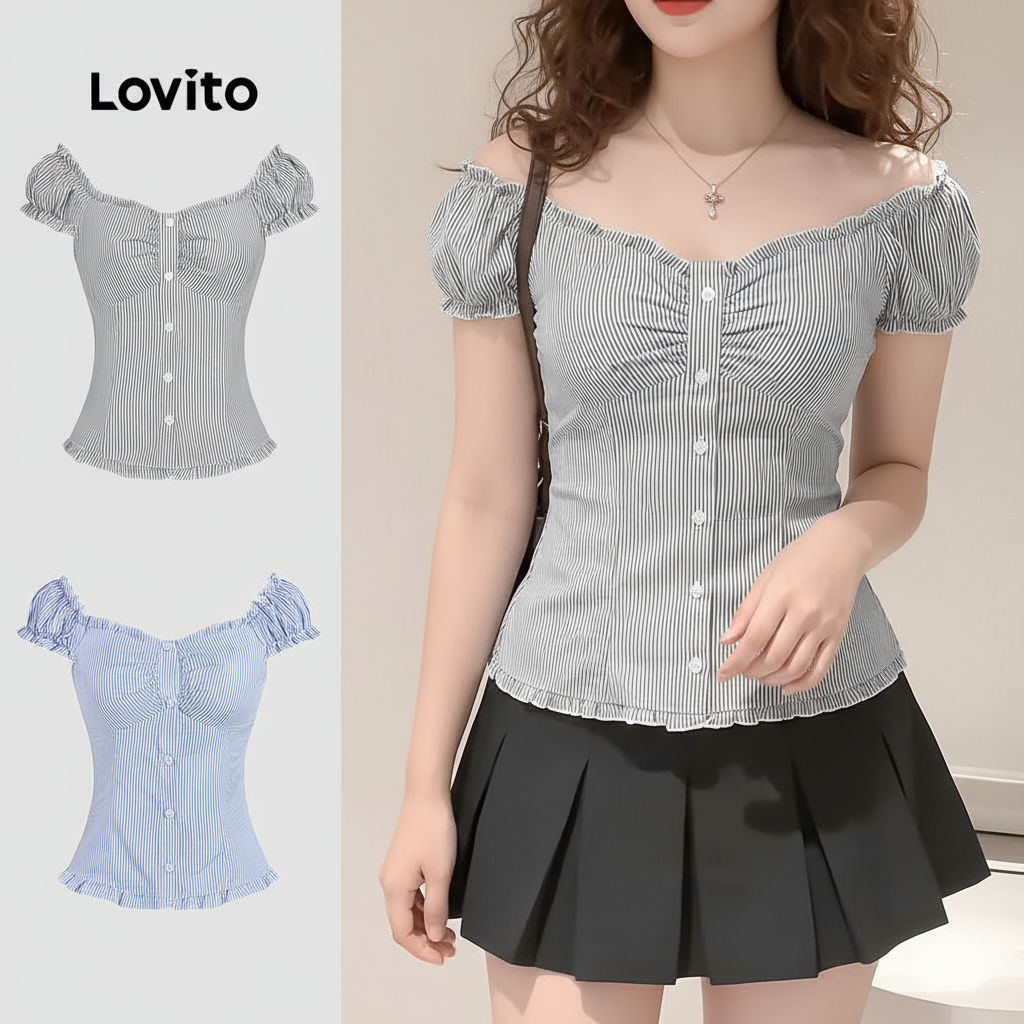 Lovito Blusa Feminina Casual Listrada com Botões e Pregas para Verão/Primavera L133AD630