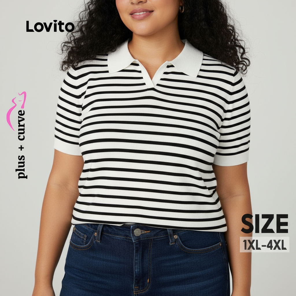 (Trendy2) Lovito Camisa Casual Plus Size Curva Listrada Colorblock Camiseta Verão/primavera Para Mulheres LBL24589