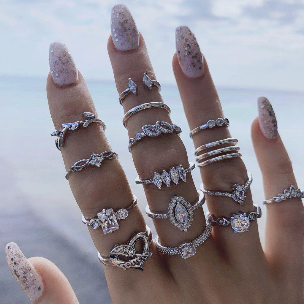 Cross-border foreign trade exclusive Bohemian heart leaves with diamonds new 15-piece ring set joint ring