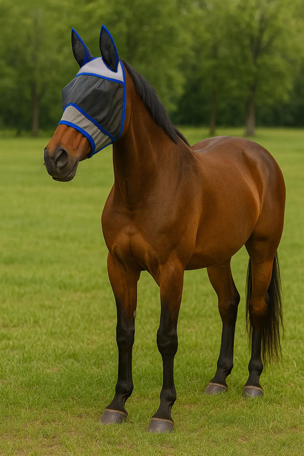 Máscara De Mosca De Cavalo Com Orelhas – Malha Respirável Proteção Facial Completa , Acabamento Azul , Conforto O Dia To