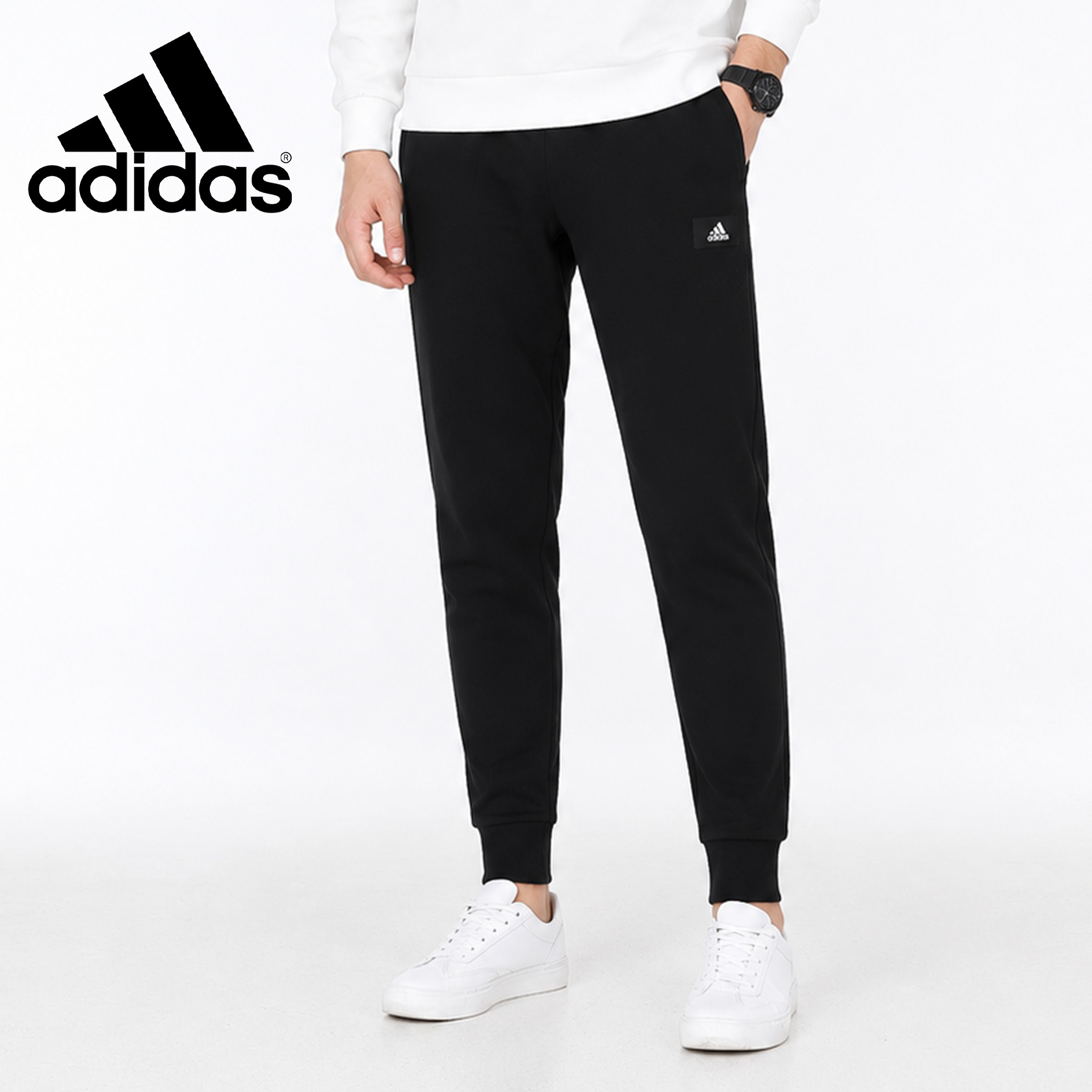 Calça esportiva masculina Adidas Running Training, calça folgada com pé fechado, preta