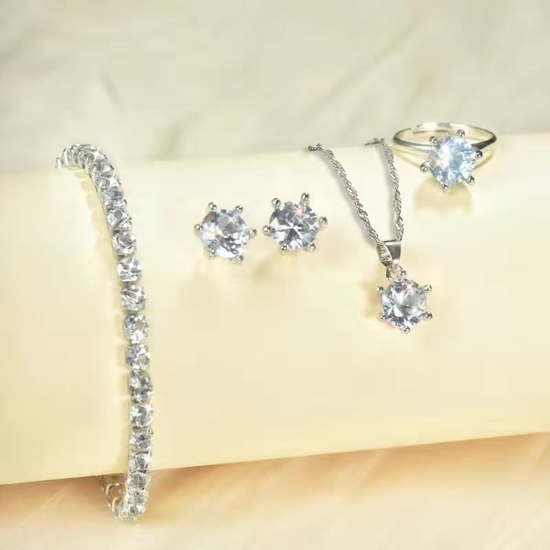 Conjunto De Joias De Pérola Elegante Para Mulheres Colar Brincos Pulseira Anel 4 Peças (Apenas Prata)