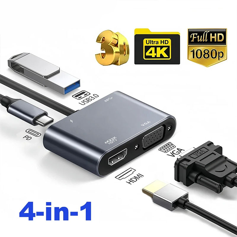 VGA Para Tipo c Hub 4K HDMI Porta USB Digital AV PD Adaptador De Carregamento MacBook Conversor De Laptop 4 Em 1