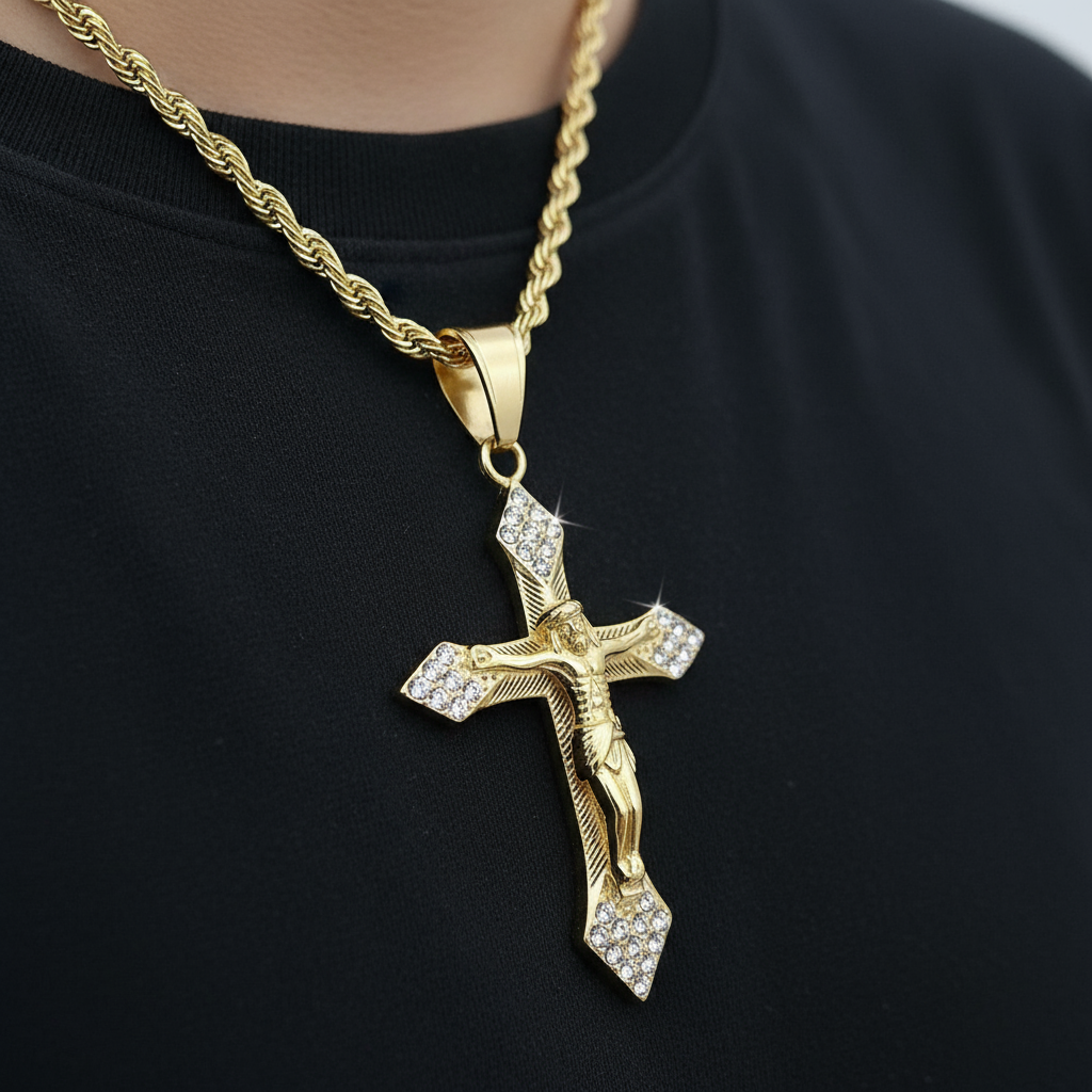 Colar com Pingente de Cruz de Jesus Folheado a Ouro 18K para Homens, Joia Estilo Vintage Hip Hop