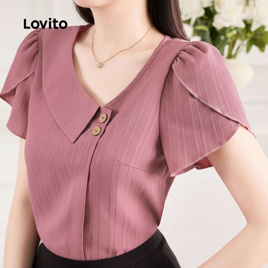 (Elegante) Gola assimétrica flor botão manga oceano onda listrado Top-BLB150P2D249
