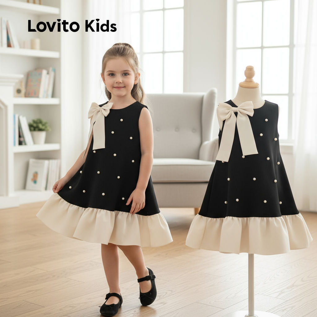 Lovito Vestido de Menina Infantil Com Babados, Bainha, Preto e Branco, para Todas as Estações LNL106031 em Oferta na Shopee