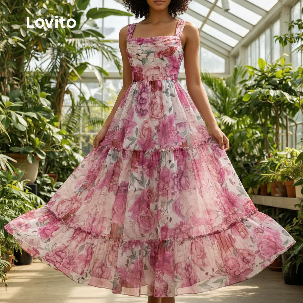 Lovito Vestido Feminino Boho Natalino com Zíper, Camadas, Tecido Macio, Primavera/Verão L145LD050