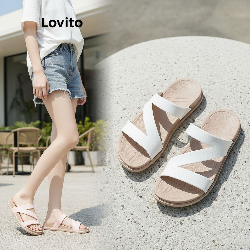 Lovito Sandálias planas casuais de palha com gravata lisa para mulheres LFA31014\6 em Oferta na Shopee