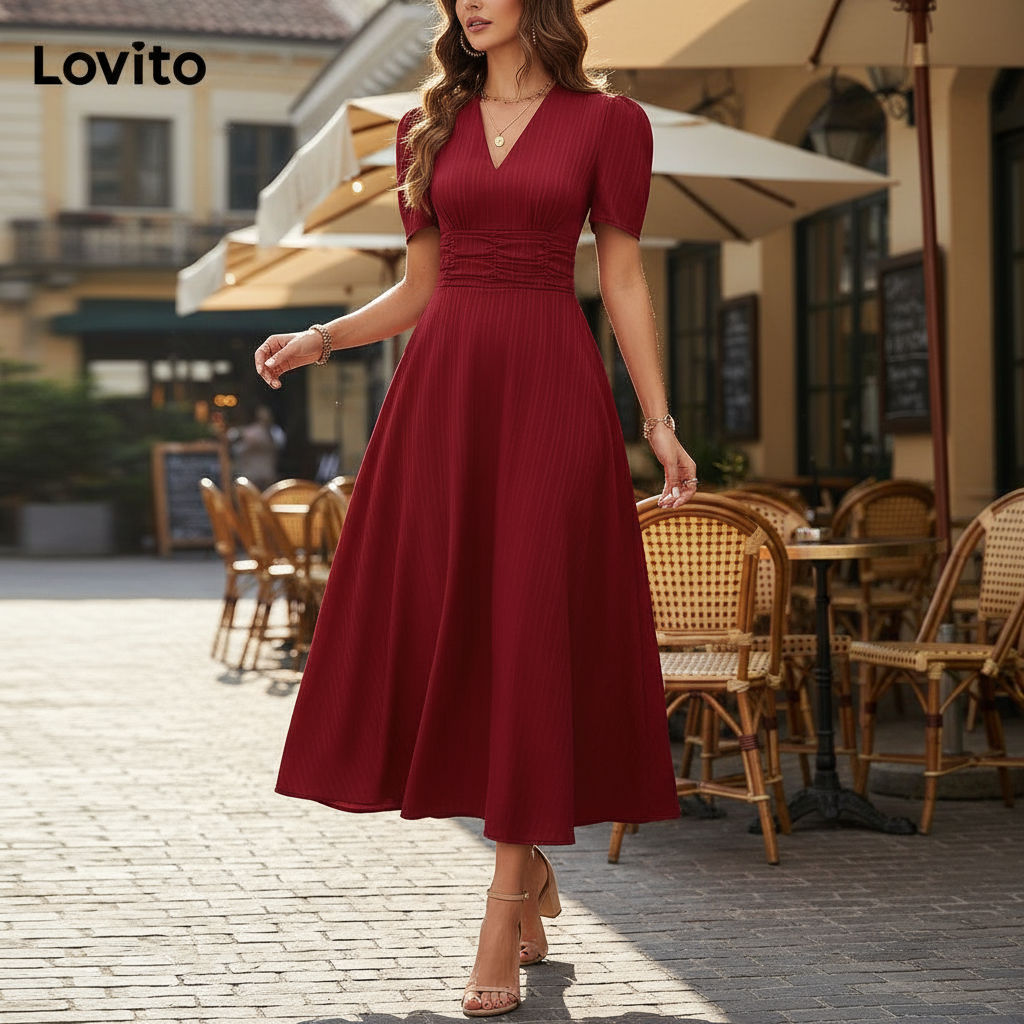 Lovito Vestido Feminino Elegante Liso com Franzido - LNL71064 em Oferta na Shopee
