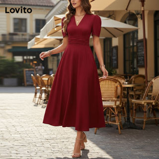 Lovito Vestido Feminino Elegante Liso com Franzido - LNL71064 em Oferta na Shopee