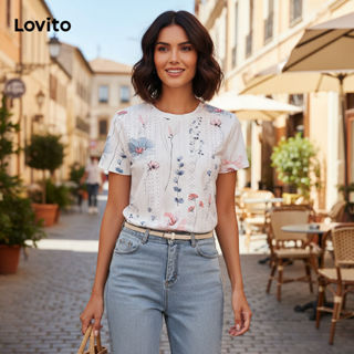 Lovito Camisa Boho Padrão Floral Jacquard Camiseta Verão/Primavera Para Mulheres LBL18859\2 em Oferta na Shopee