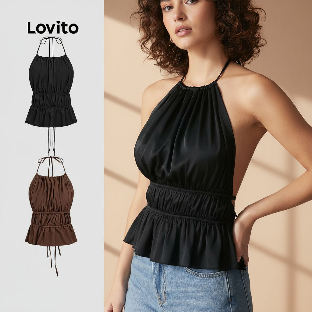 (Trendy2) Lovito Regata Elegante Com Renda Lisa E Franzida Para Mulheres L106AD087 em Oferta na Shopee