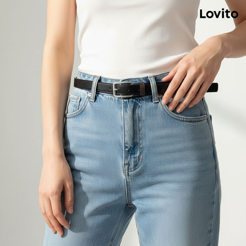 (Trendy2) Lovito Cinto Casual Básico Fashion Com Fivela Dourada Cinto De Couro Para Mulheres L50AD152 (Café/Preto) em Oferta na Shopee