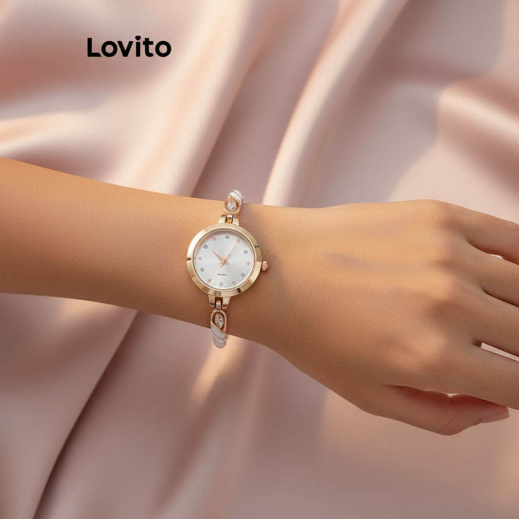 Relógio feminino Lovito com quartzo resistente à água, strass liso e esmalte elegante LFA30366 em Oferta na Shopee
