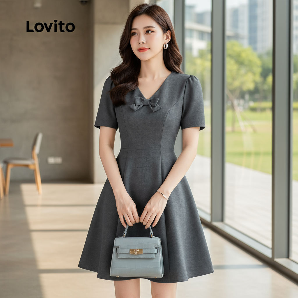 Lovito Vestido Casual com Laço para Primavera/verão Cor Cinza para mulheres L154ED371\5 em Oferta na Shopee