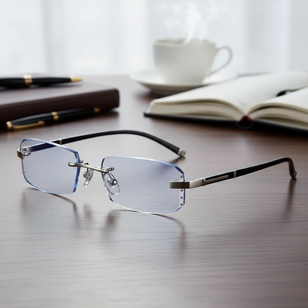  Óculos de elite empresarial sem aro ultraleves oferecendo lentes planas anti-radiação.