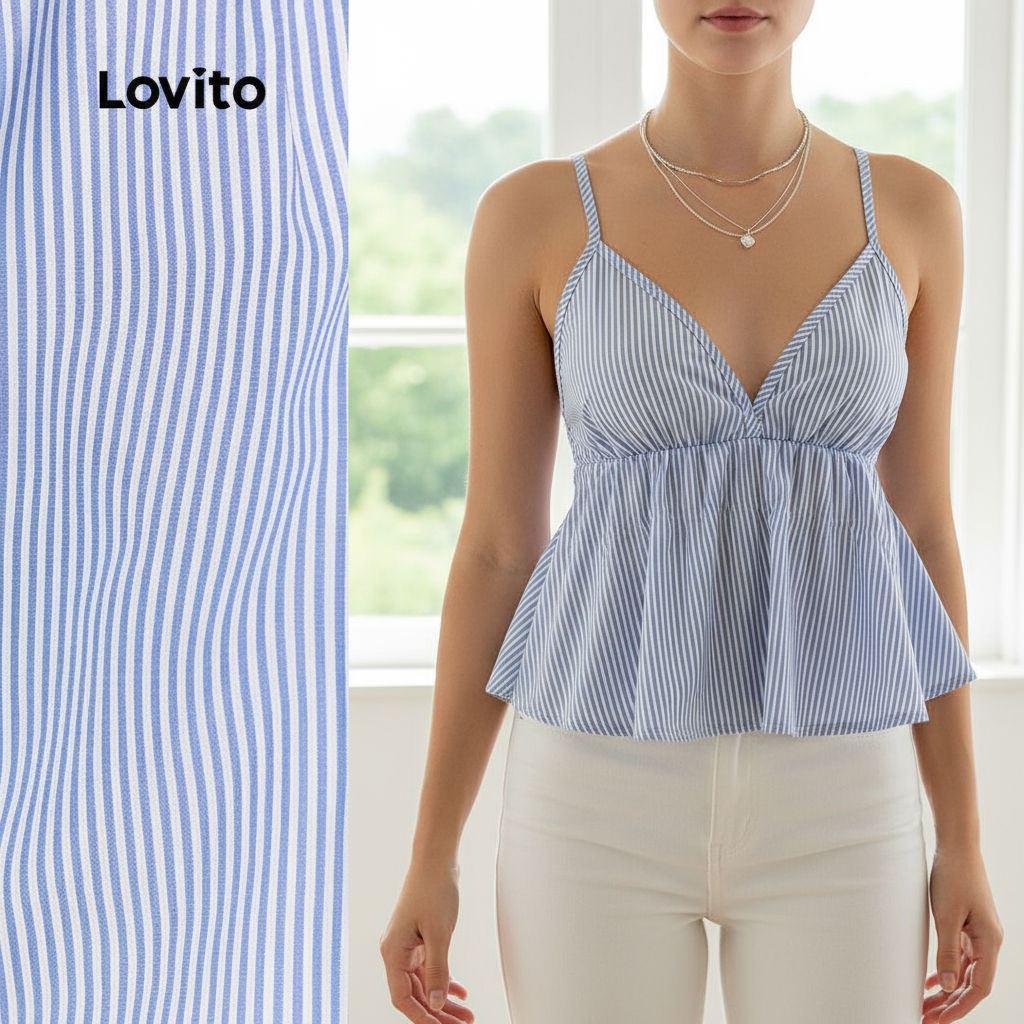 Lovito Casual Blusa Feminina Plissada Drapeada Suave Verão Azul L139AD351 em Oferta na Shopee