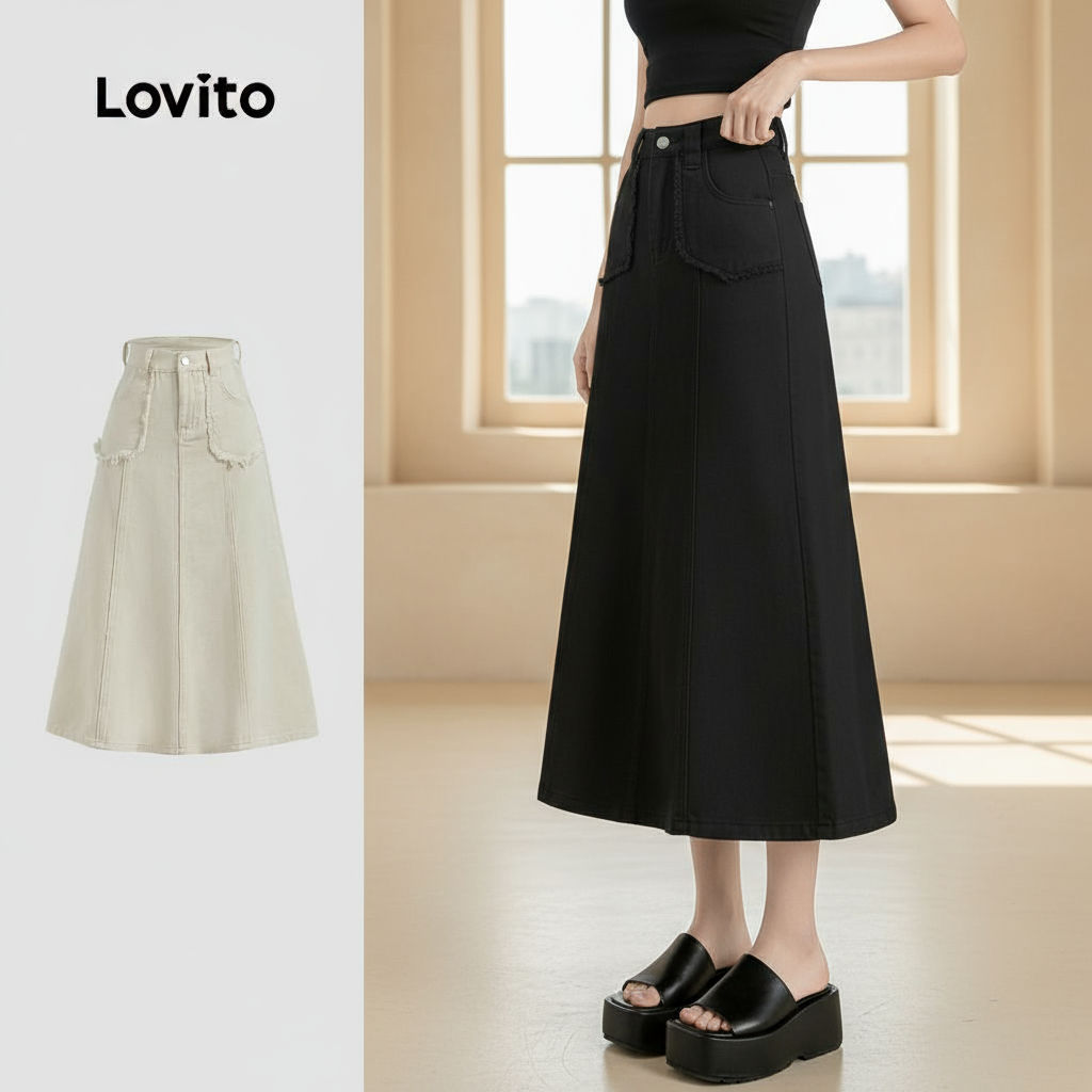 Lovito Saia Jeans Casual Bolso Liso Zíper Rabo Peixe Midi Mulheres LNE09201\3 em Oferta na Shopee