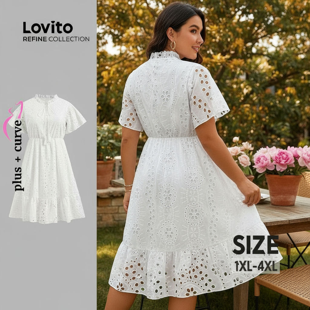 Lovito Vestido feminino plus size com recorte em renda e amarração elegante LR7LD022
