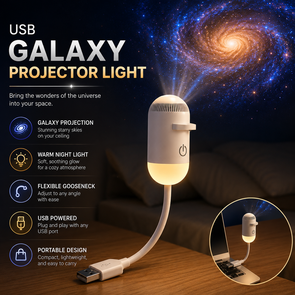 Projetor de Galáxia Lâmpada USB Luz Noturna Estrelas Ambiente para Teto de Quarto