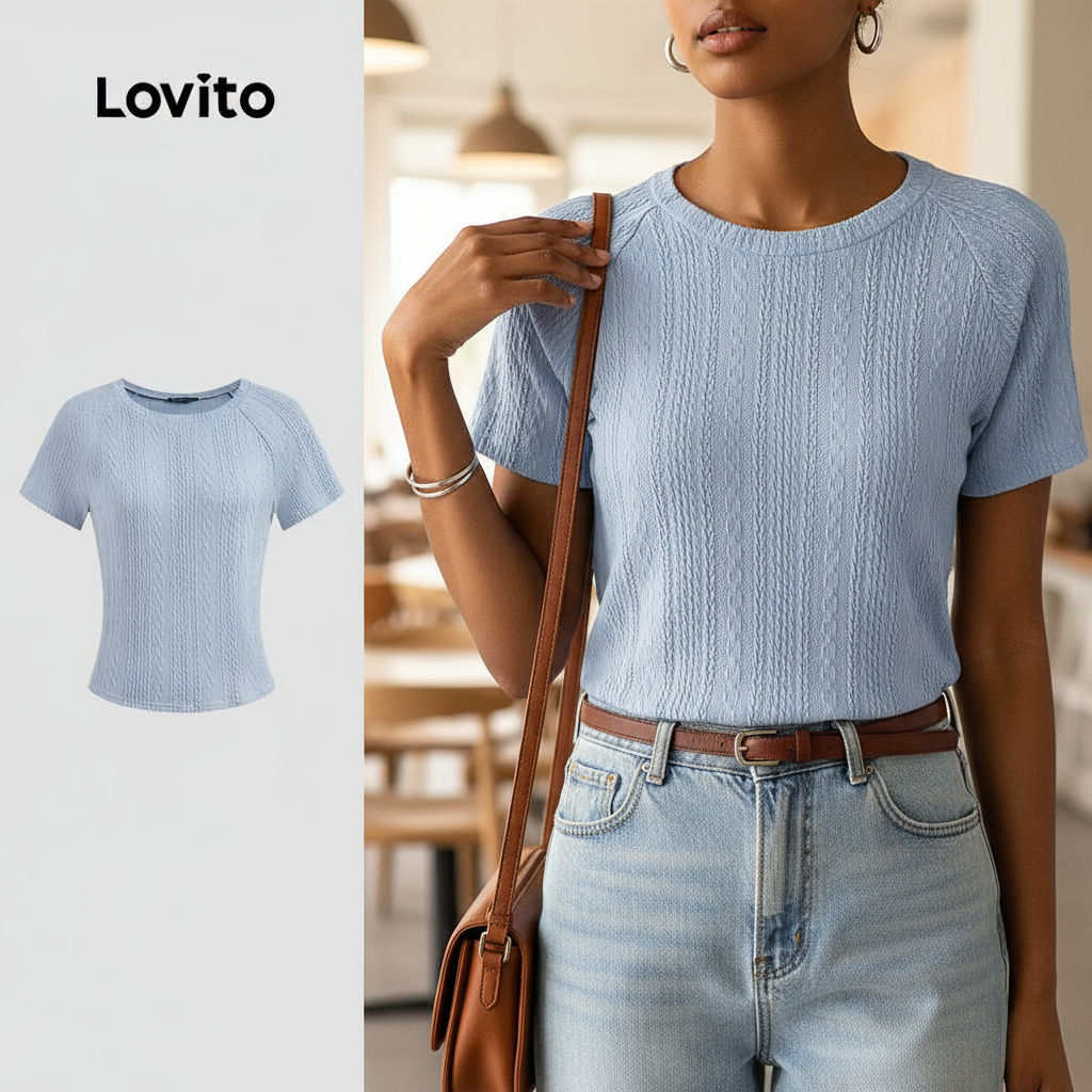 Lovito Camiseta Feminina Casual de Tecido Texturizado, Básica, Verão/Primavera, L129AD1076 em Oferta na Shopee