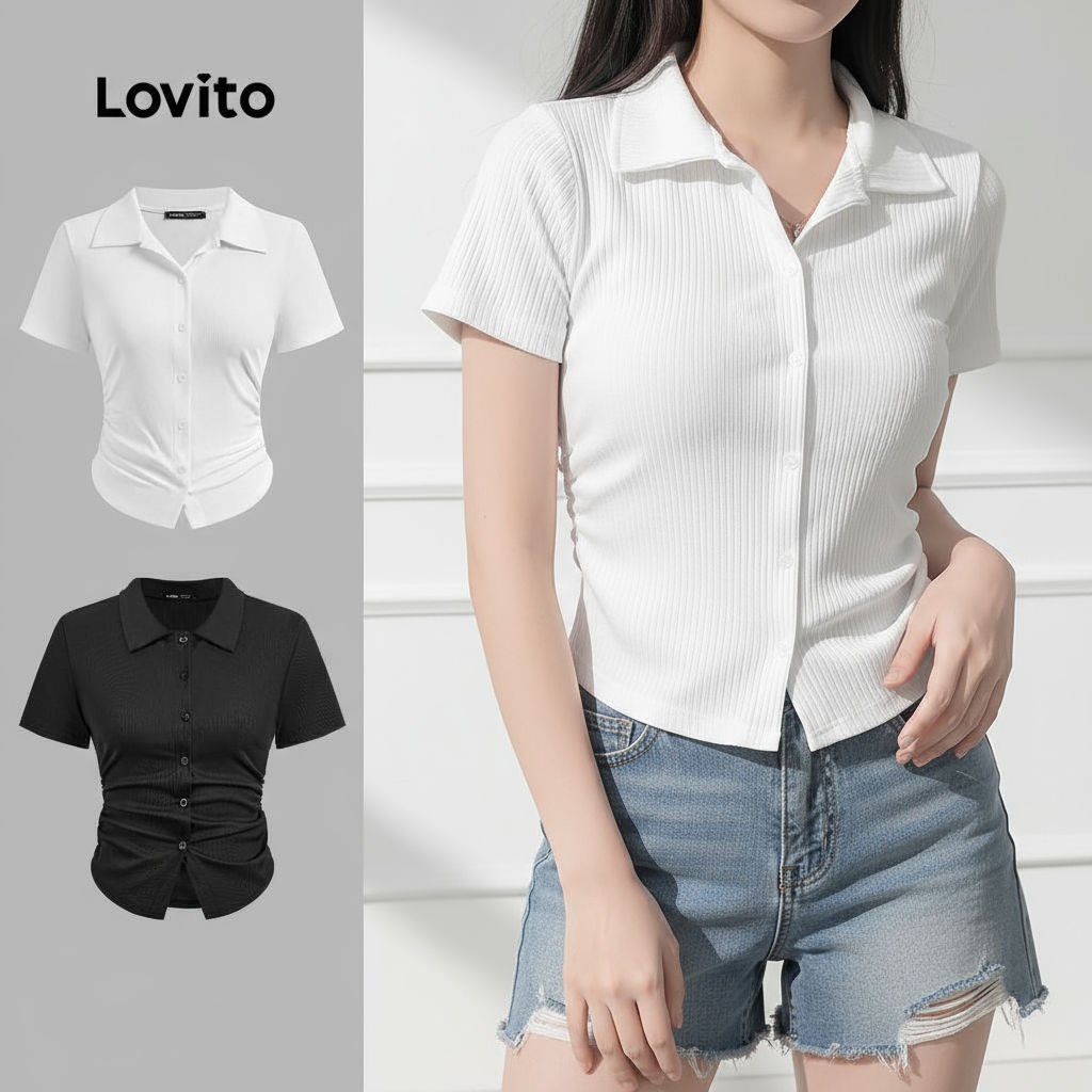 Lovito Blusa Feminina Casual Botão Franzido Primavera Verão L128ED445 em Oferta na Shopee