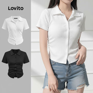 Lovito Blusa Feminina Casual Botão Franzido Primavera Verão L128ED445 em Oferta na Shopee