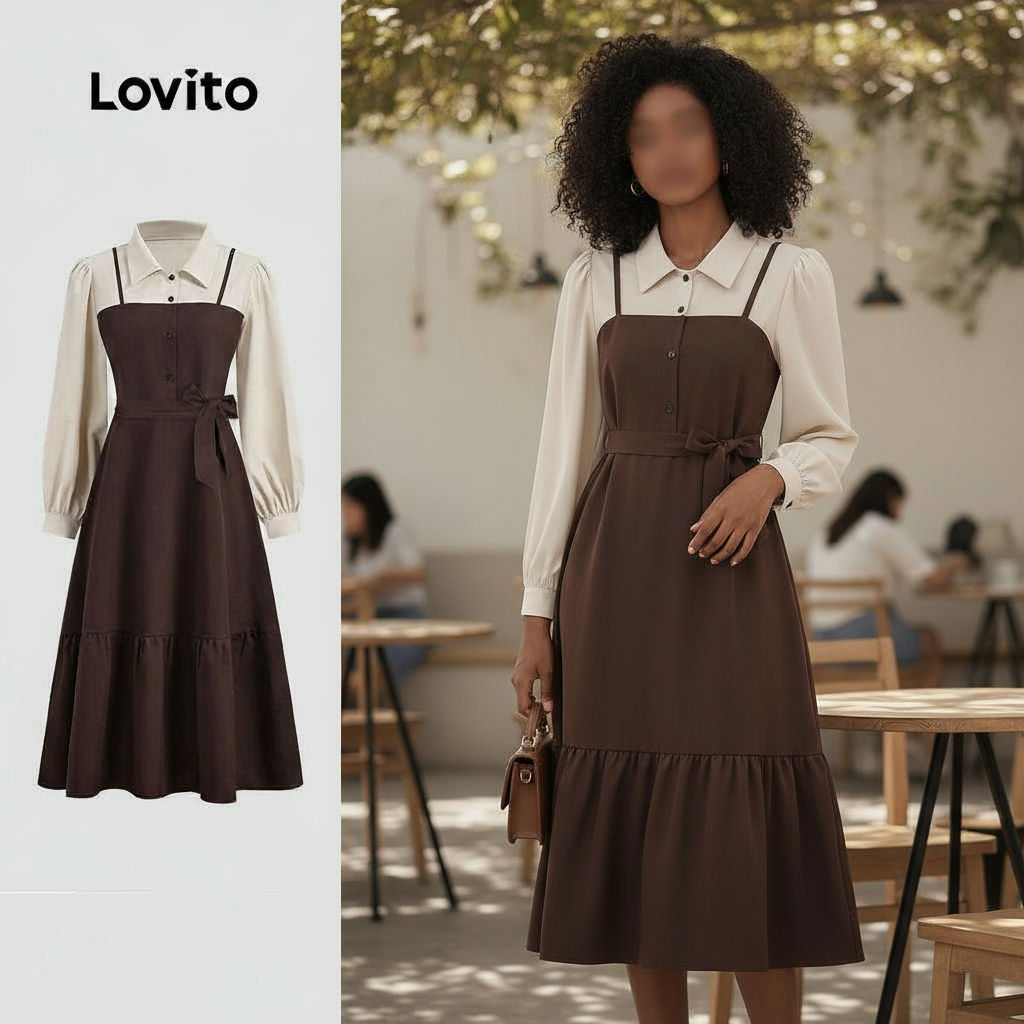 Lovito Vestido Feminino Casual Liso com Botões e Costuras Frontais para Outono Inverno LBL24599 em Oferta na Shopee