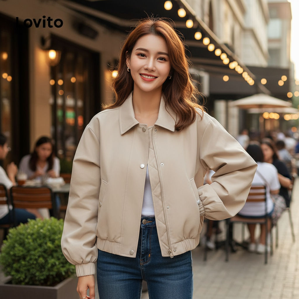 Lovito Jaqueta Feminina Casual com Zíper e Botão, Corta-Vento Impermeável, Cor Damasco LNA34140 em Oferta na Shopee