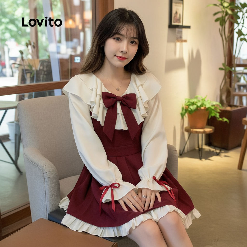 Lovito Vestido Fofo Patchwork Laço Babado Bainha Evasê Vestido De Festa De Natal Para Mulheres LNA43050\5 em Oferta na Shopee